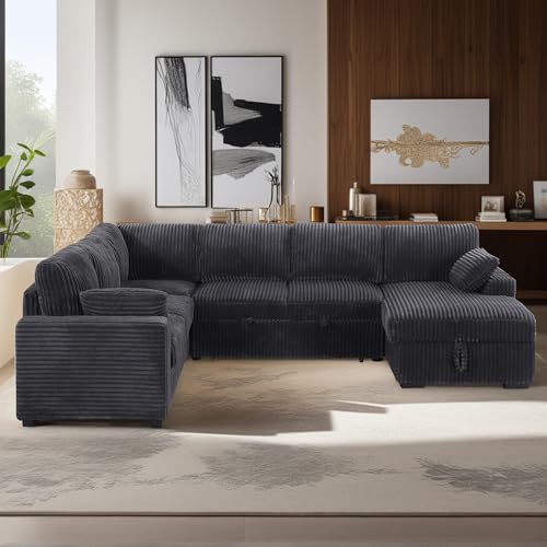 L-Shaped Chenille Sleeper Sectional Sofa with Storage Chaise F17508