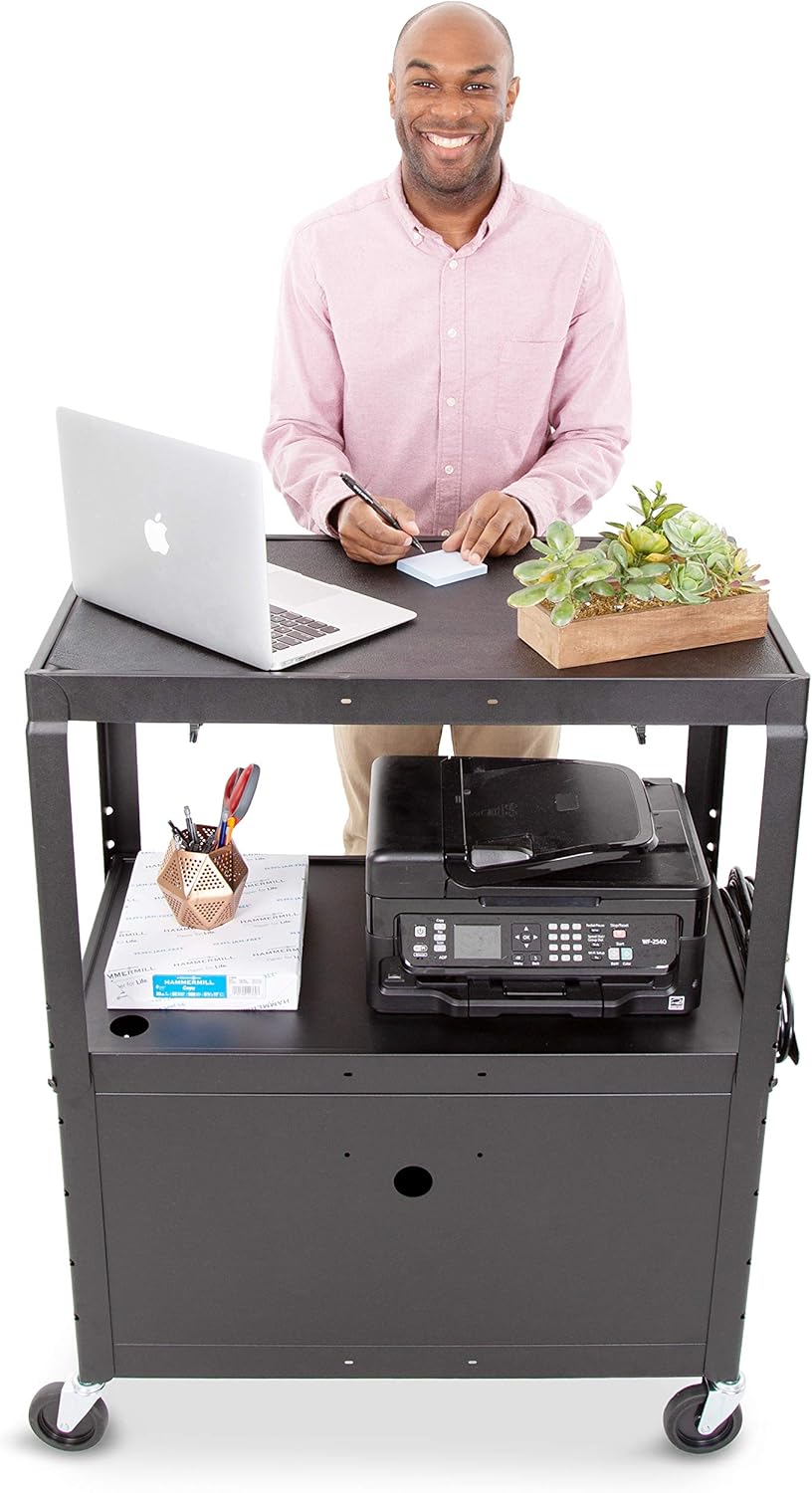 Large AV Cart with Locking Cabinet, Height Adjustable, Black H21904