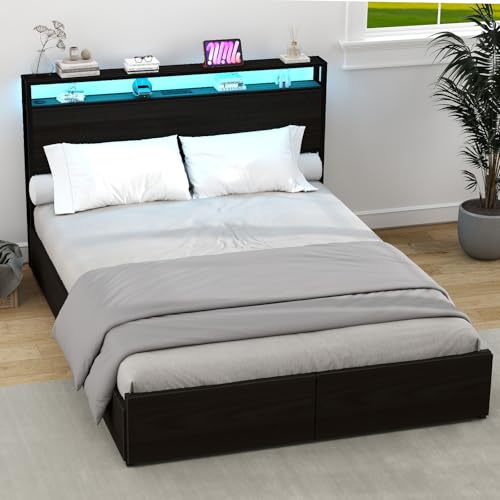 Black Full Size Bed Frame with Headboard, LED, 4 Storage Drawers, Charging Station P15461
