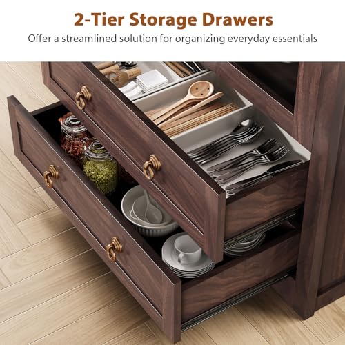 Brown Arched Bookshelf Pantry Storage Cabinet with Drawers Doors and Shelves I18228