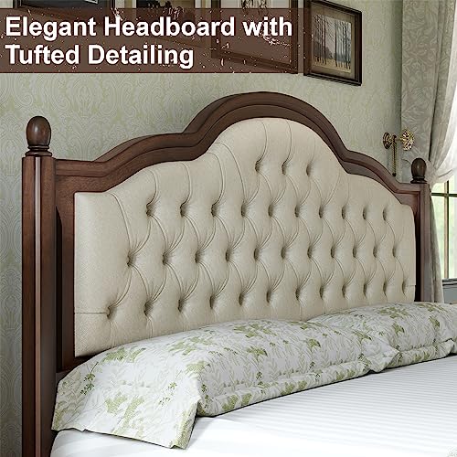 Walnut Queen Size Solid Bed Frame with Upholstered Tufted Headboard H140