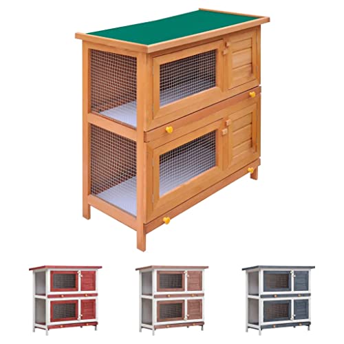 Gray Wood Pet Rabbit Hutch with Mesh Door and Green Roof O34370