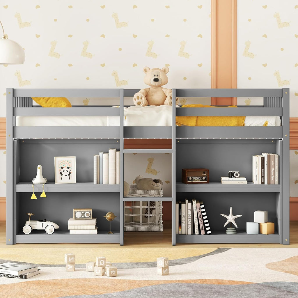 Grey LED Twin Low Loft Bed with Storage Shelves B739983