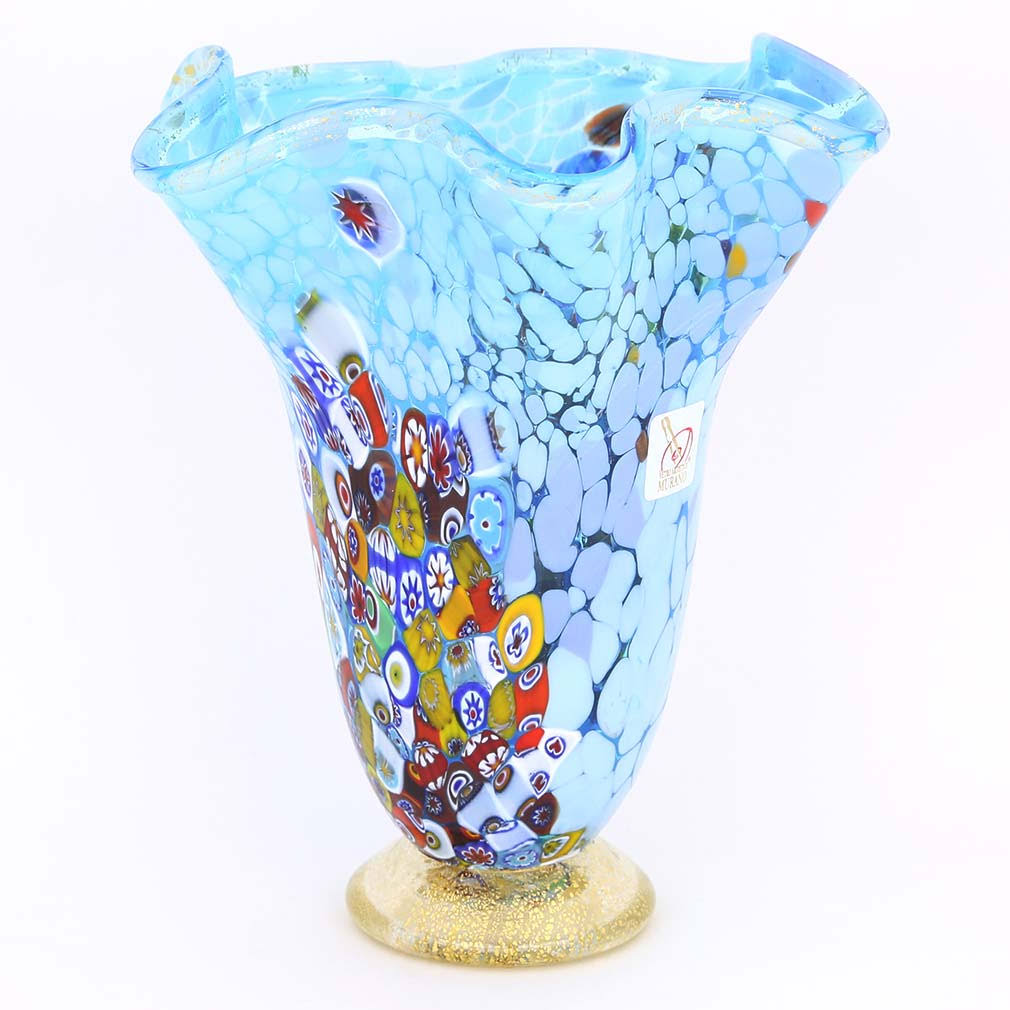 Aqua Murano Glass Millefiori Vase O7845