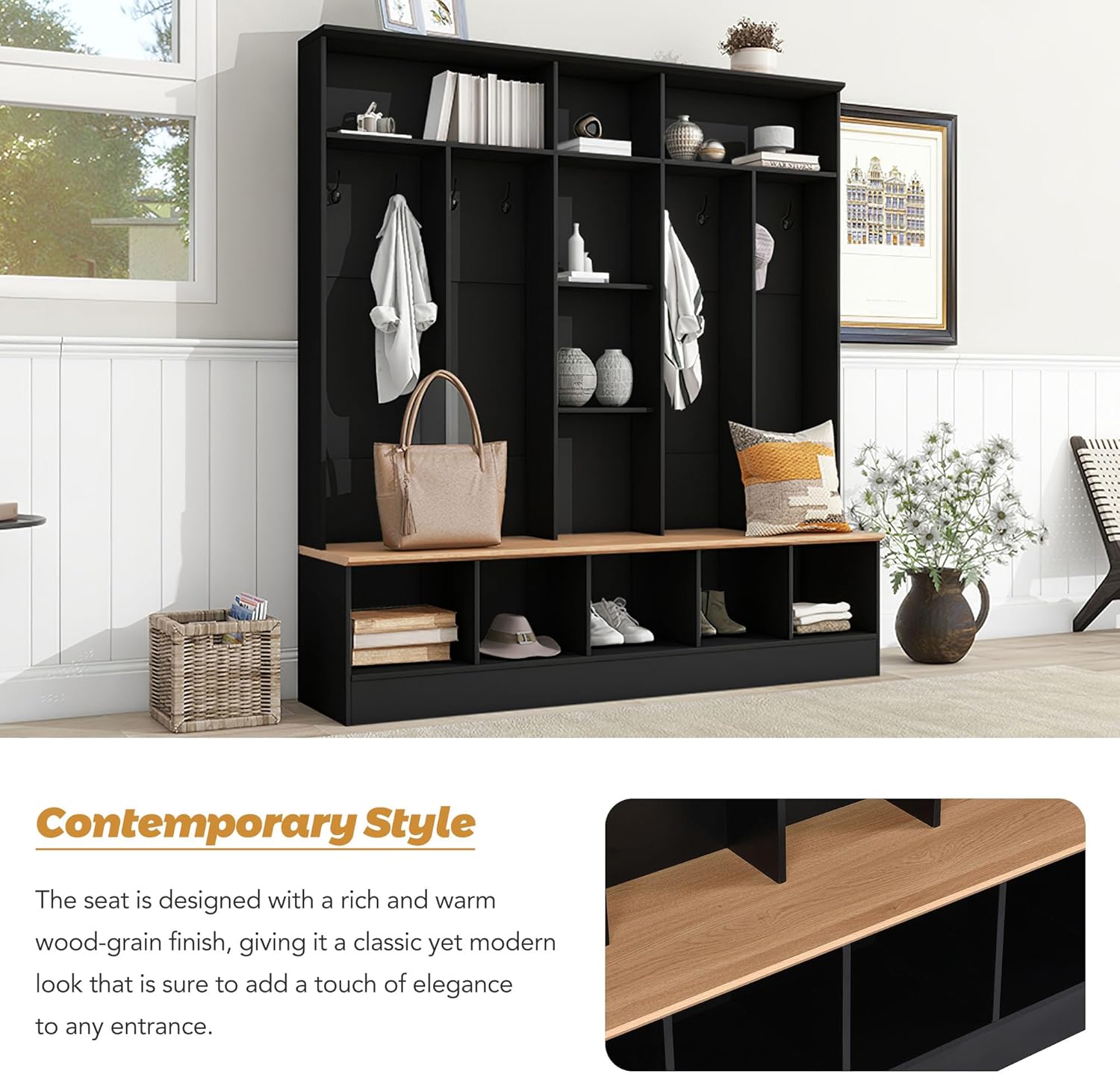 Black Hall Tree with Storage Bench and 8 Hooks R167