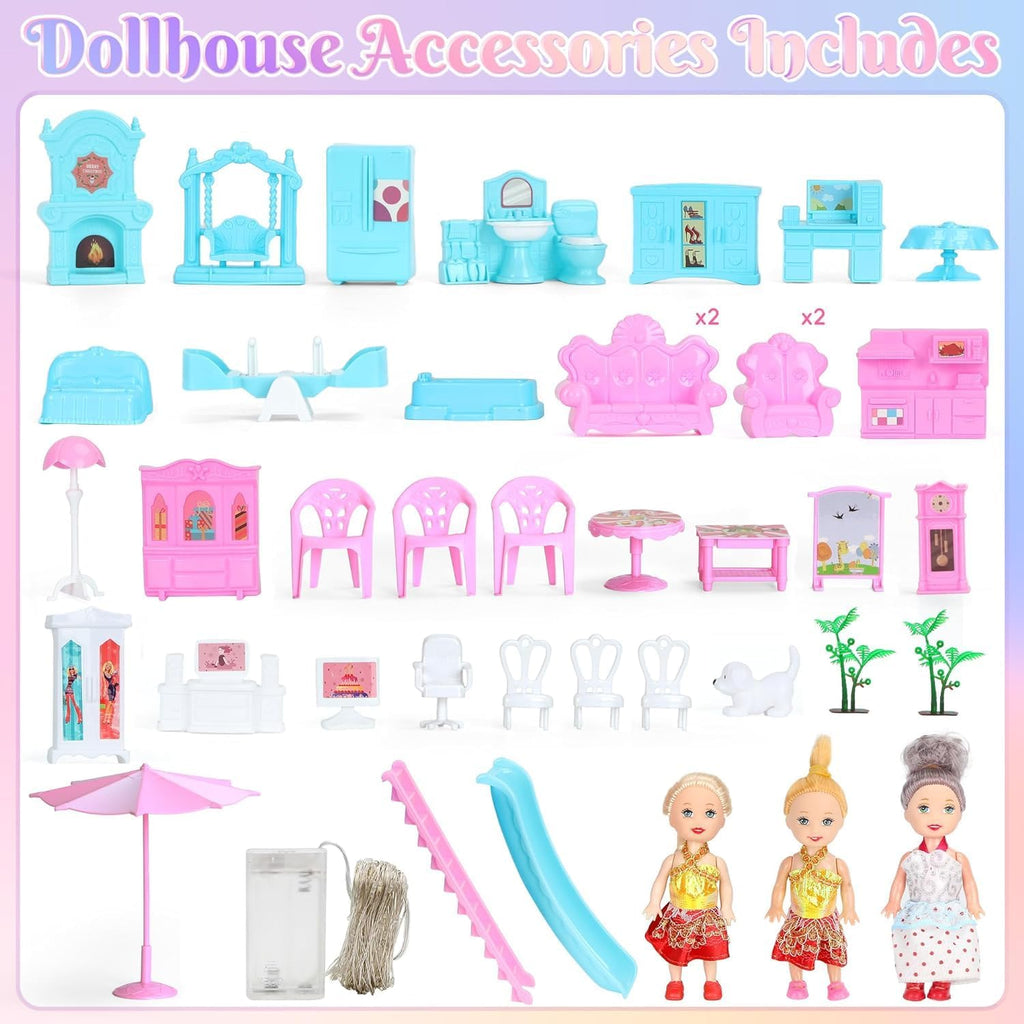 4-Story 15 Rooms Dollhouse with 3 Dolls, Lights, Furniture and Accessories L6499
