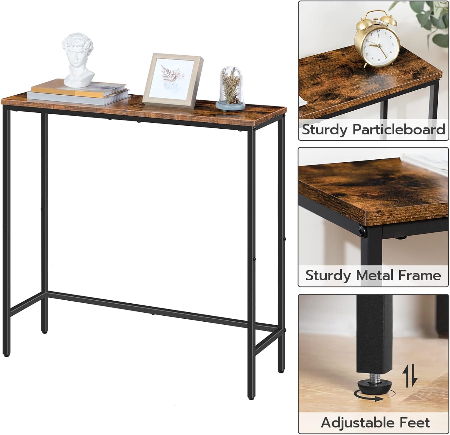 Rustic Brown and Black Narrow Console Table with 2 Fabric Drawers C643