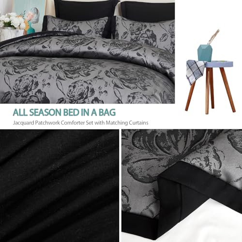 7-Piece Queen Comforter Set with Matching Curtains, Burgundy Jacquard Patchwork Bed in a Bag Bedding Set M882111