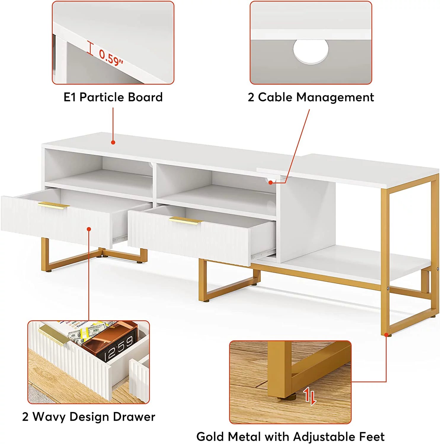 White and Gold TV Stand with 2 Drawers and Open Shelves I172234