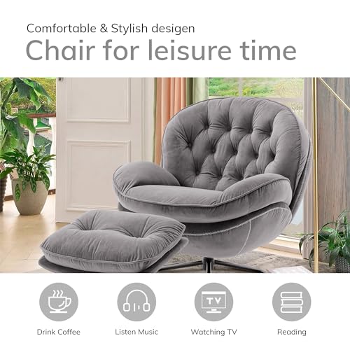 Gray Velvet Swivel Accent Chair with Ottoman Set D979559