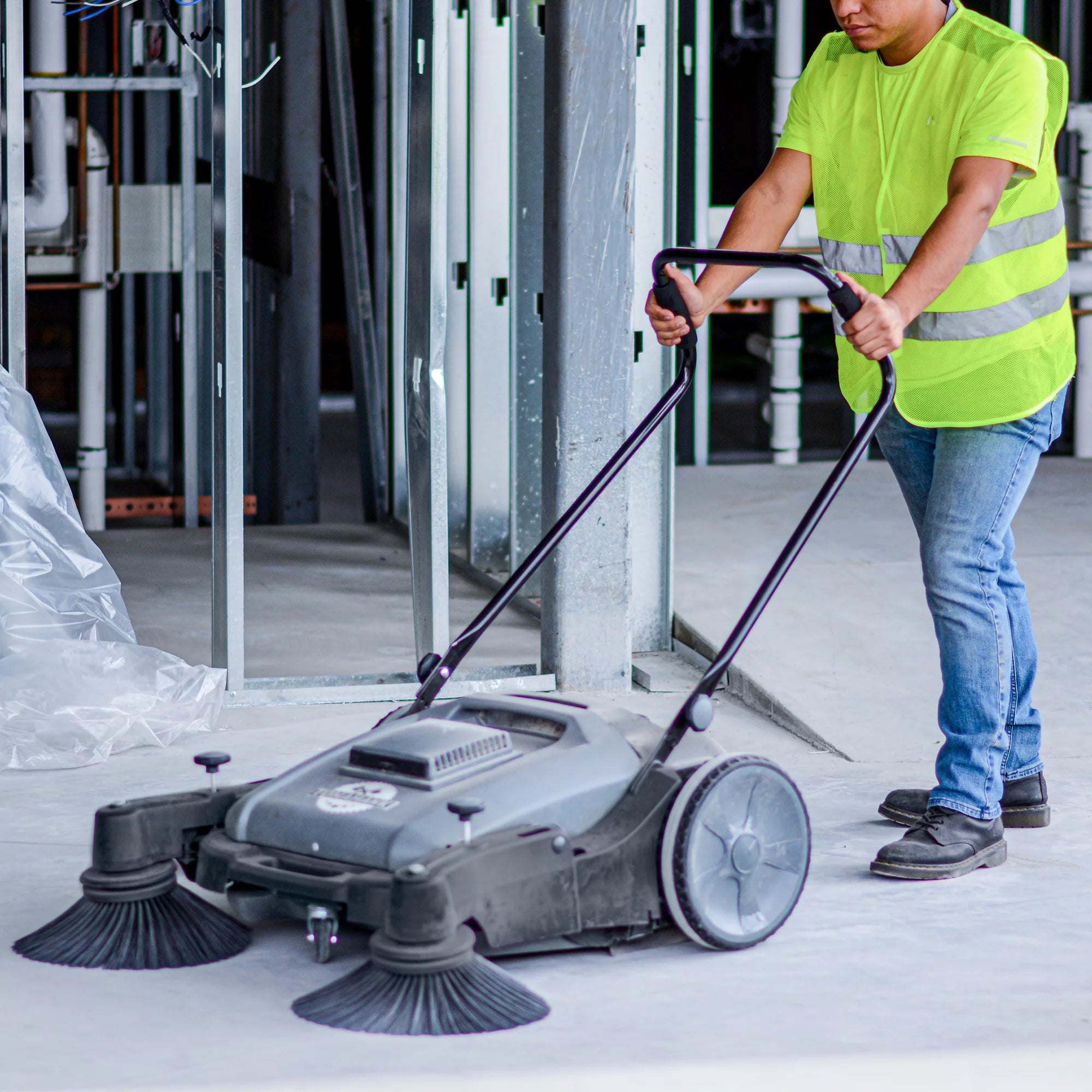 38" Walk Behind Push Sweeper with Triple Power Side Brooms X9648