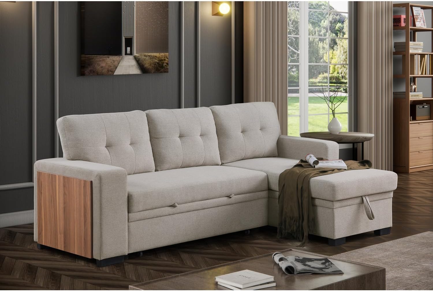 Light Gray Polyester Fabric L-Shaped Sleeper Sectional Sofa Bed M122