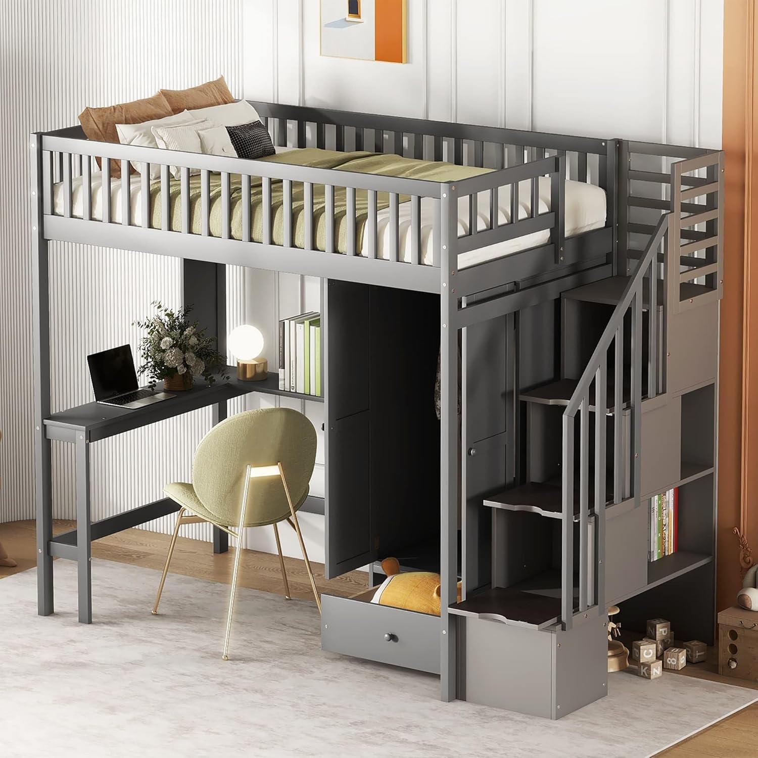 Grey Twin Size Loft Bed with Bookshelf Drawers Desk and Wardrobe MDF Pine Wood B727