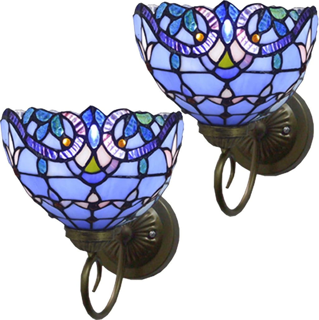 Set of Two Hand-Made Stained Glass Wall Sconce Light Fixtures, Blue L33749