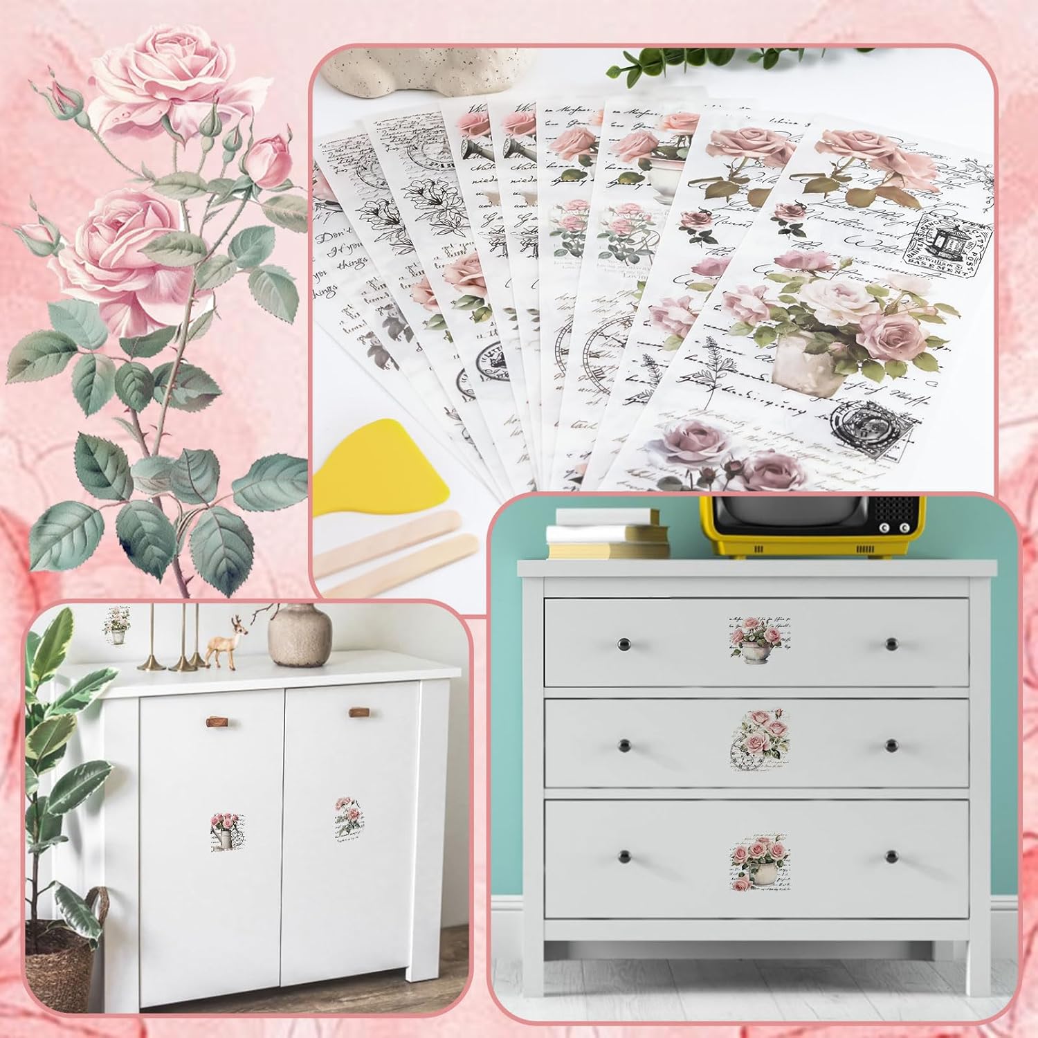 Vintage Pink Rose Waterproof Transfer Stickers, 10 Sheets, 11.8 * 3.9in V321447