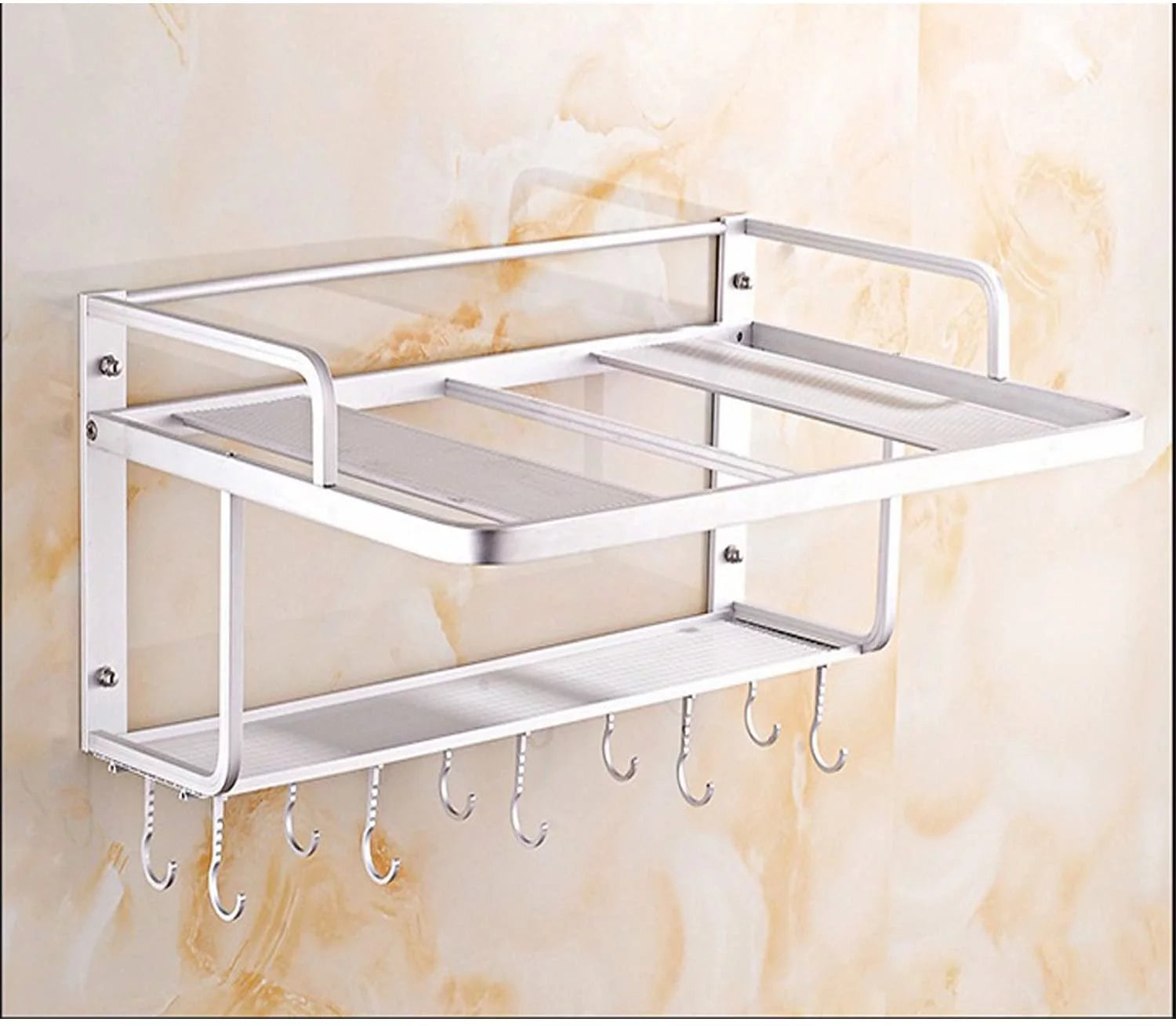 Aluminum Microwave Oven Wall Mount Double Deck Shelf With Hooks J218517