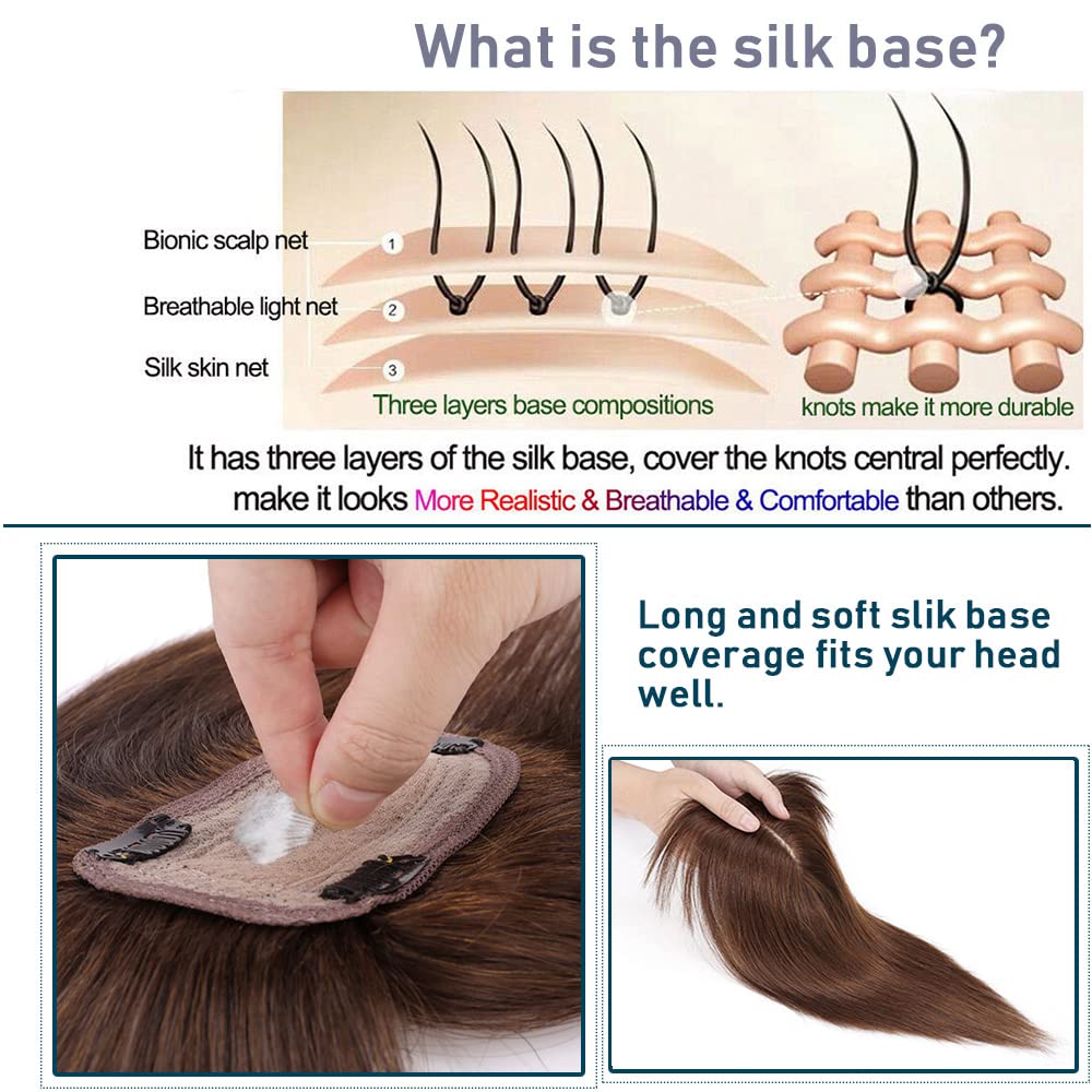 100% Real Human Hair Toppers with Bangs Silk Base 150% Density Clip in Topper 2.7”x5.1” Hair Pieces A766038