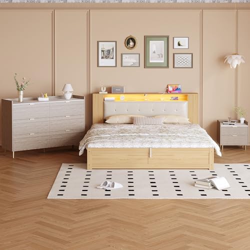 Queen Size Upholstered Platform Bed with Storage Nightstand and 6 Drawers Dresser Cabinet Z954700