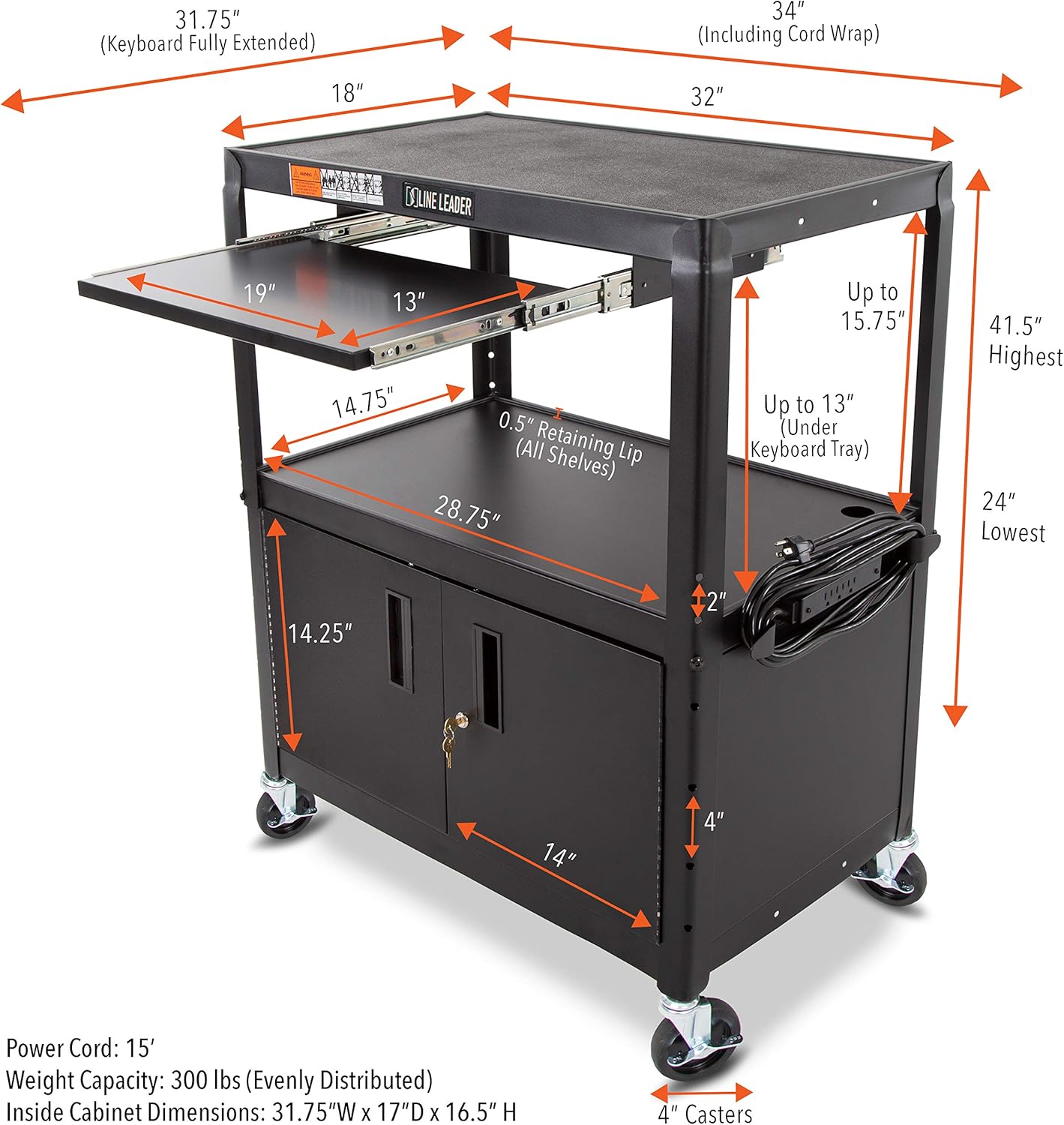 Large AV Cart with Locking Cabinet, Height Adjustable, Black H21904