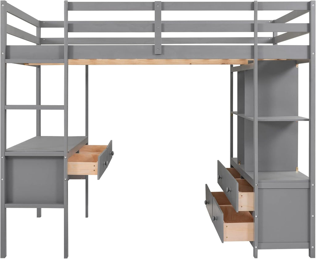 Full Size Solid Wood Loft Bed with Desk and 2 Drawers, Grey Q83593