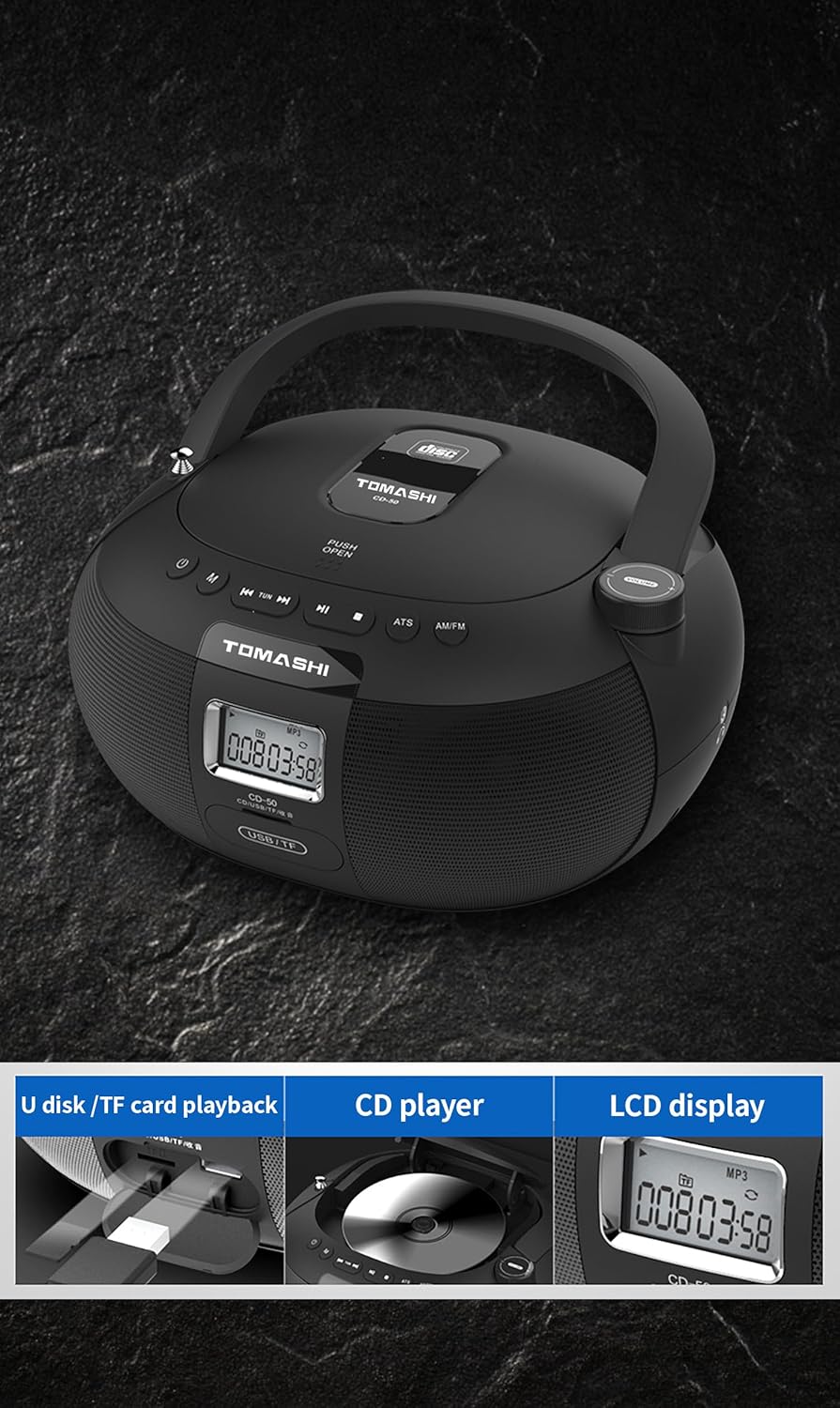 Black Portable CD Player Boombox F811