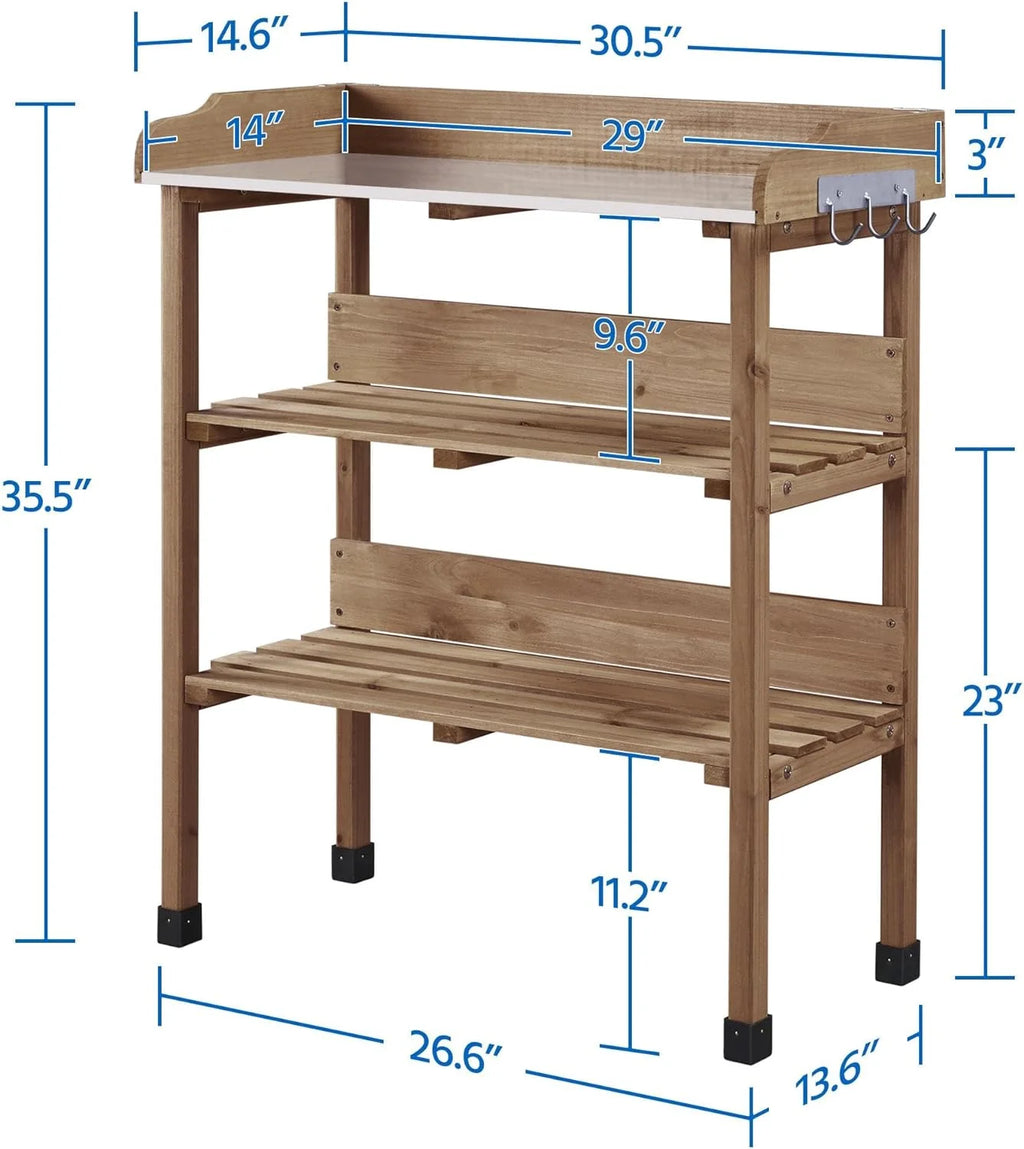 Brown Wooden Potting Bench with Metal Tabletop and Storage Shelf C4281