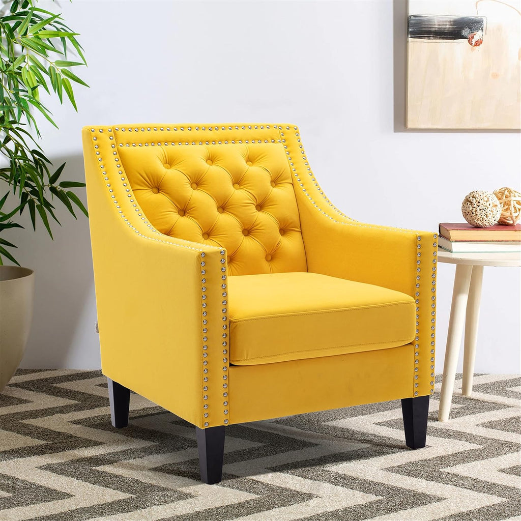 Yellow Velvet Accent Chairs with Wood Legs K86670