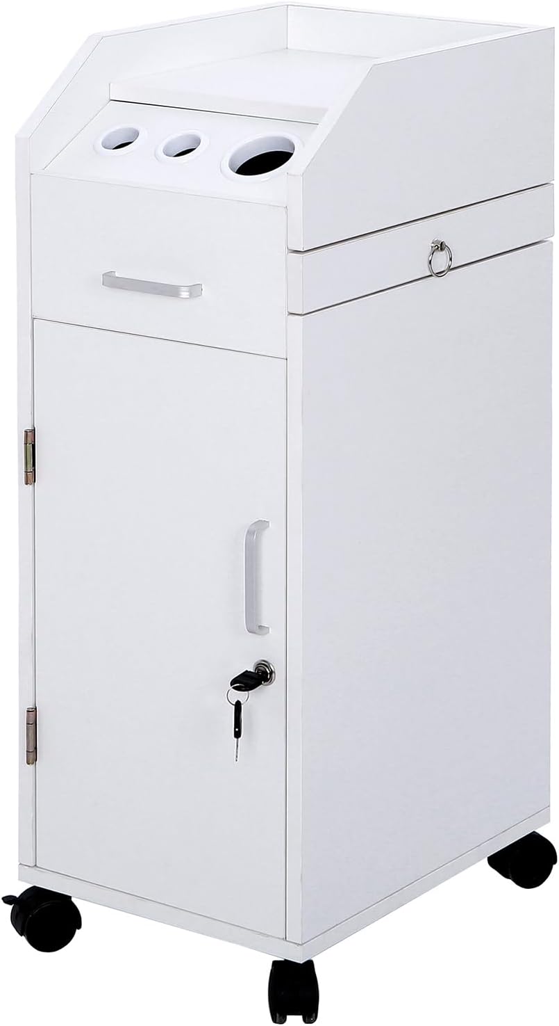 Rolling Hair Salon Storage Cart with Wheels & 3 Hair Dryer Holders & Drawers & Lock J99478