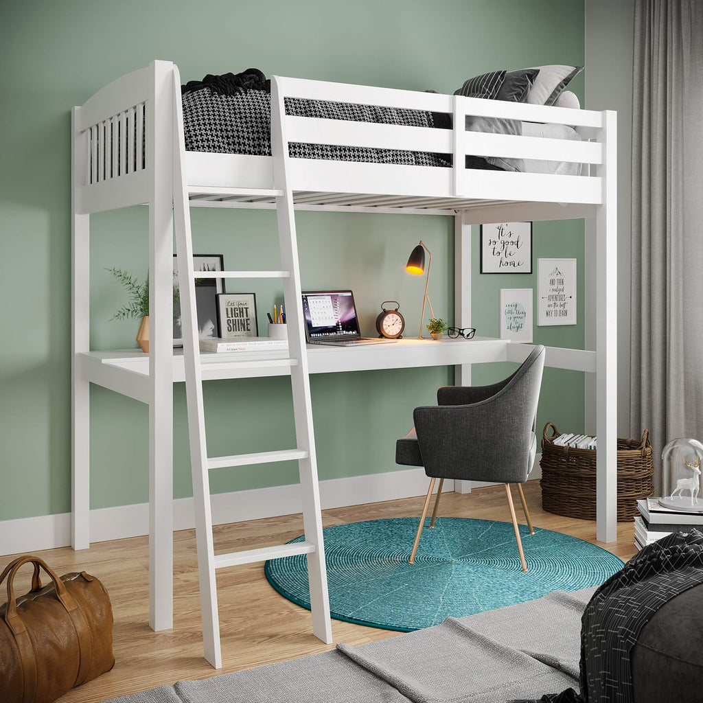 White High Loft Bed with Desk and Storage, Solid Wood Twin Size Loft Bed Frame with Stairs S70395