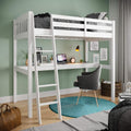 White High Loft Bed with Desk and Storage, Solid Wood Twin Size Loft Bed Frame with Stairs S70395