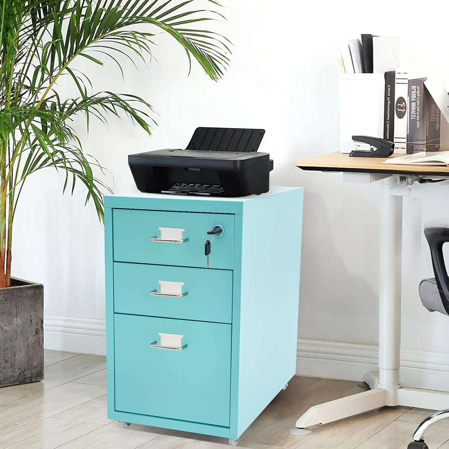Blue 3 Drawer Mobile Metal Filing Cabinet with Lock U130939