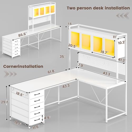 White L Shaped Gaming Desk with Drawers and Hutch T3222