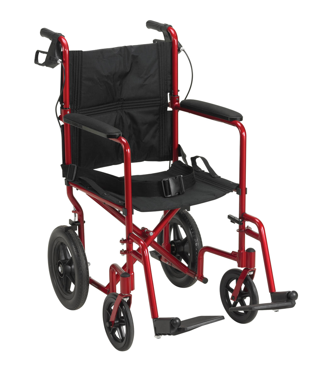 Red/Black Lightweight Transport Wheelchair with Hand Brakes U835135