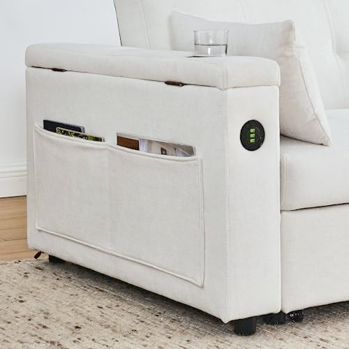 White Chenille 2-Seater Convertible Sofa Bed with USB Power Outlet N6575