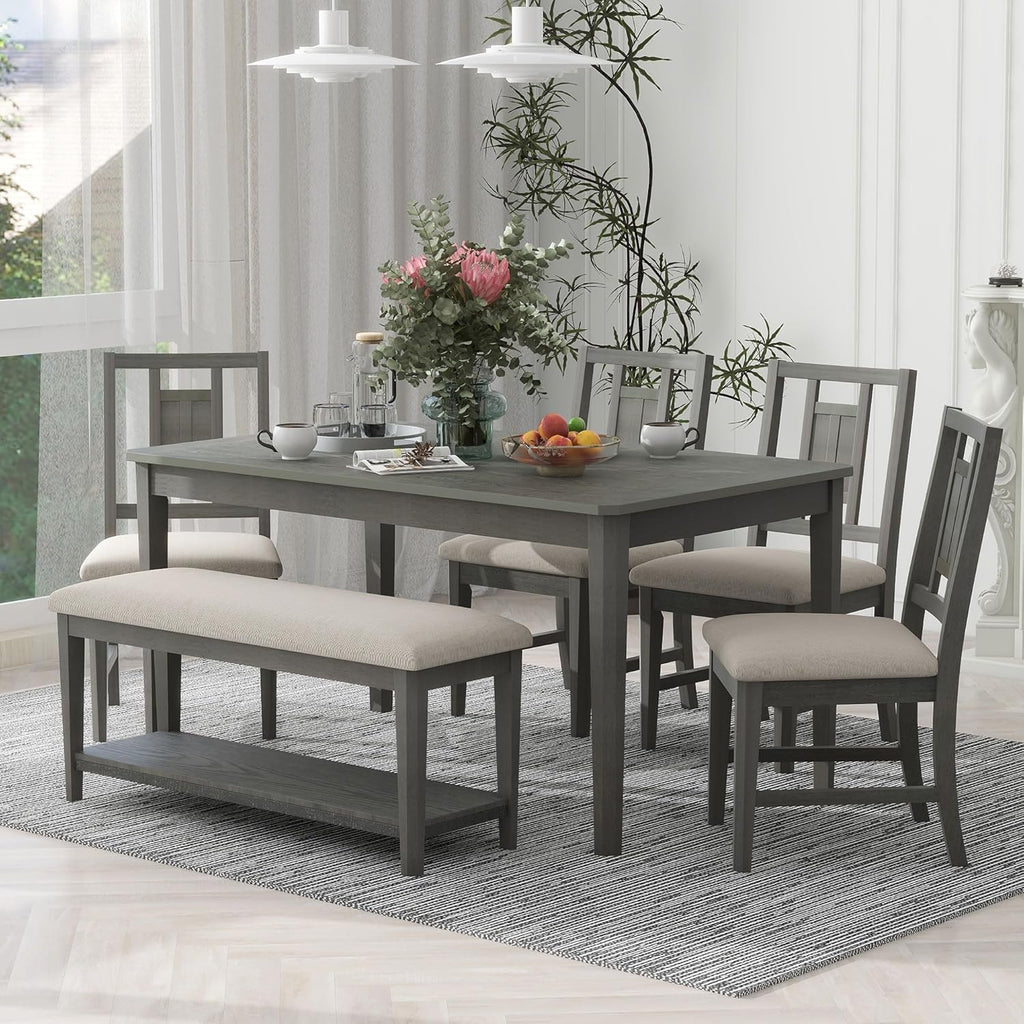 6-Piece Dining Table Set with 4 Upholstered Chairs and 1 Bench, Solid Wood, Dark Gray E50279