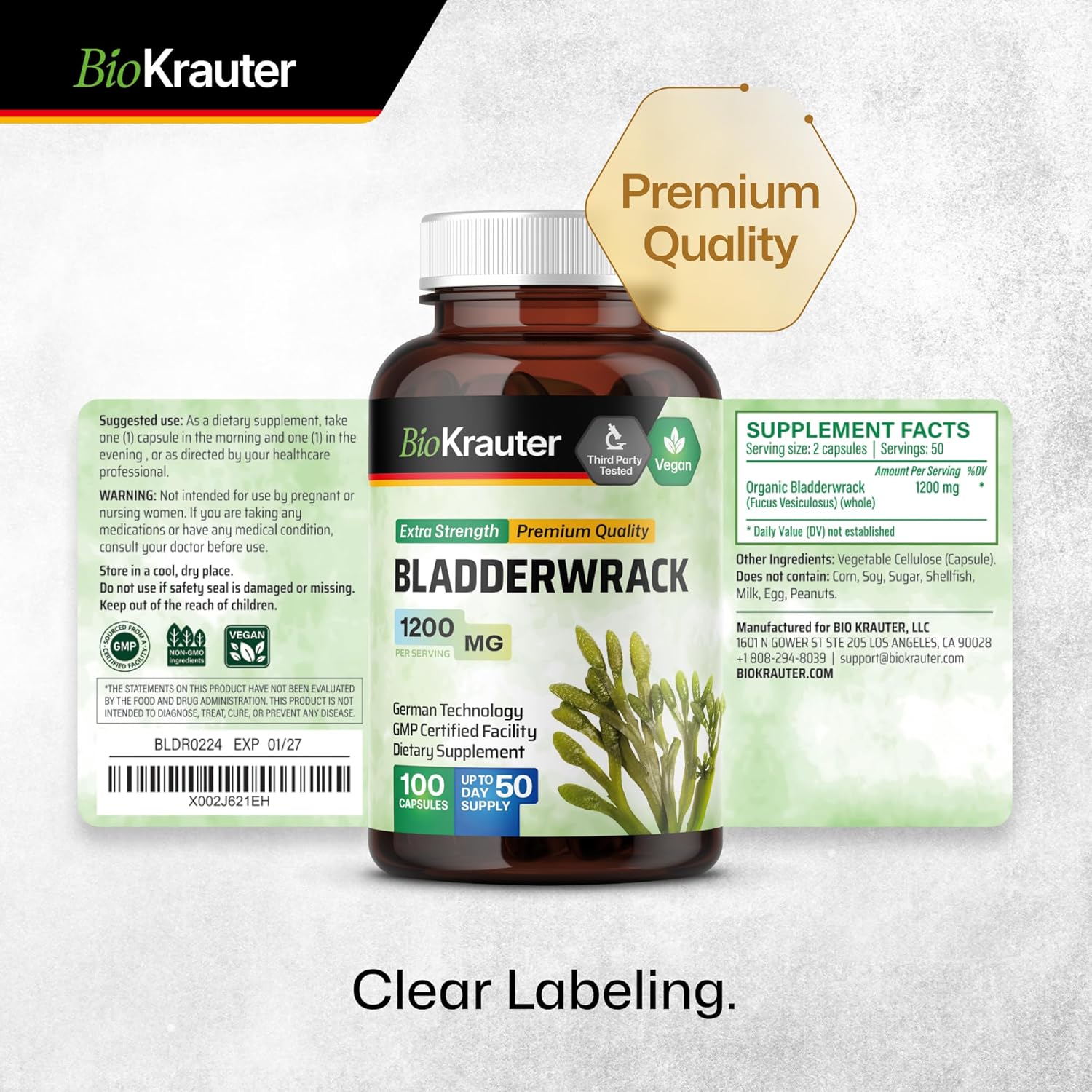 1200 mg Bladderwrack Capsules, 100 Veggie Capsules F8493
