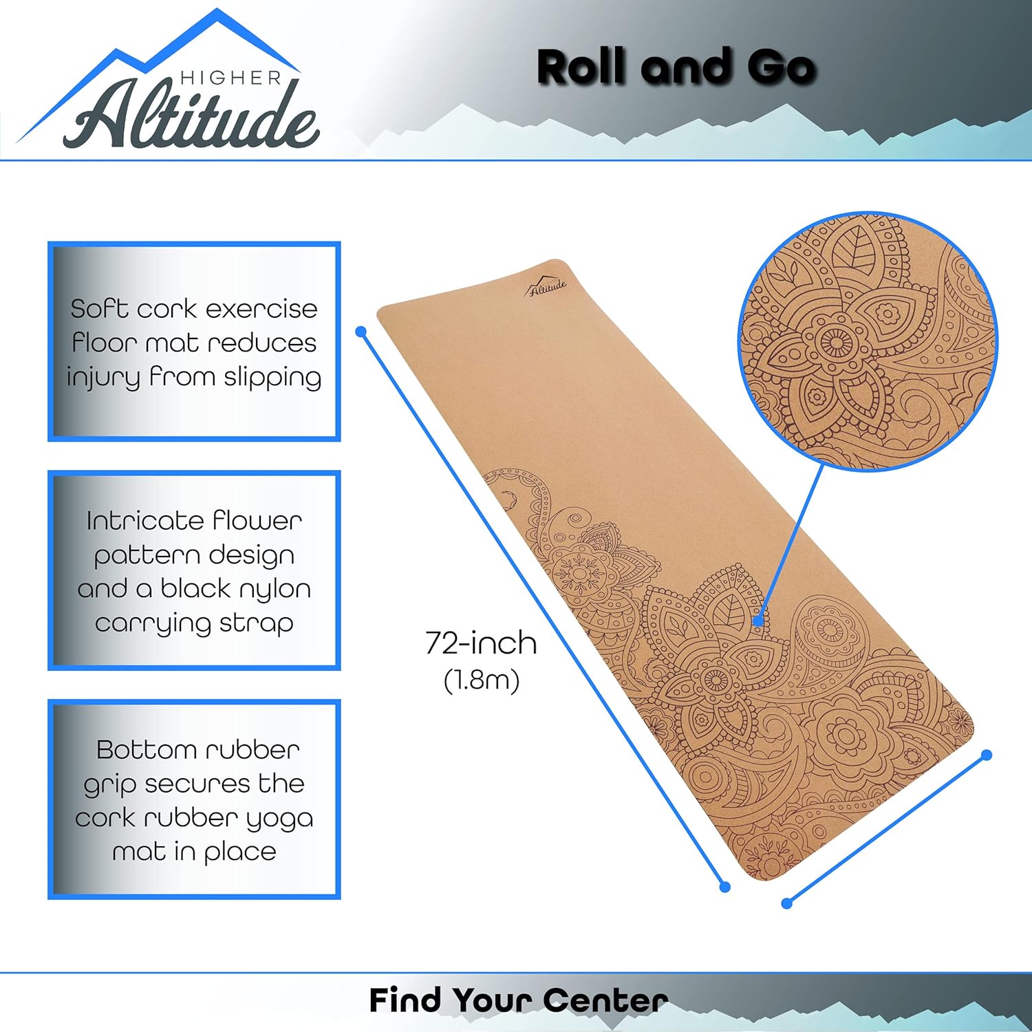 72 x 24in Cork Exercise Mat with Rubber Padding D2650