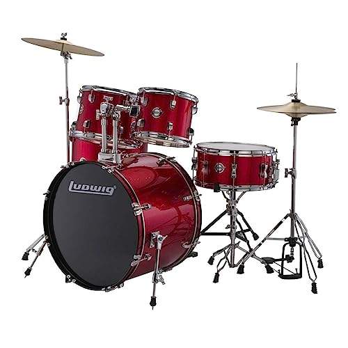 5-piece Complete Drum Set with 22-inch Bass Drum and Cymbals, Red Sparkle G632