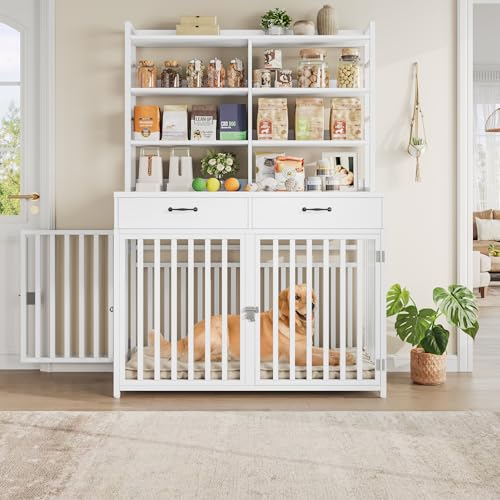 Black Wood & Metal Large Dog Crate Furniture with 4-Tier Shelves and 2 Storage Drawers B462