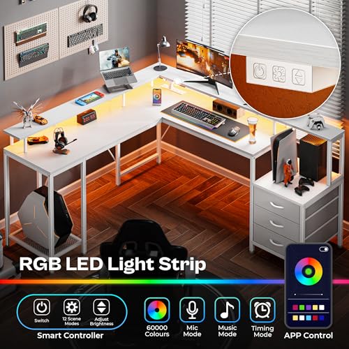 Rustic Brown L Shaped Gaming Desk with LED Lights and Power Outlets Q655