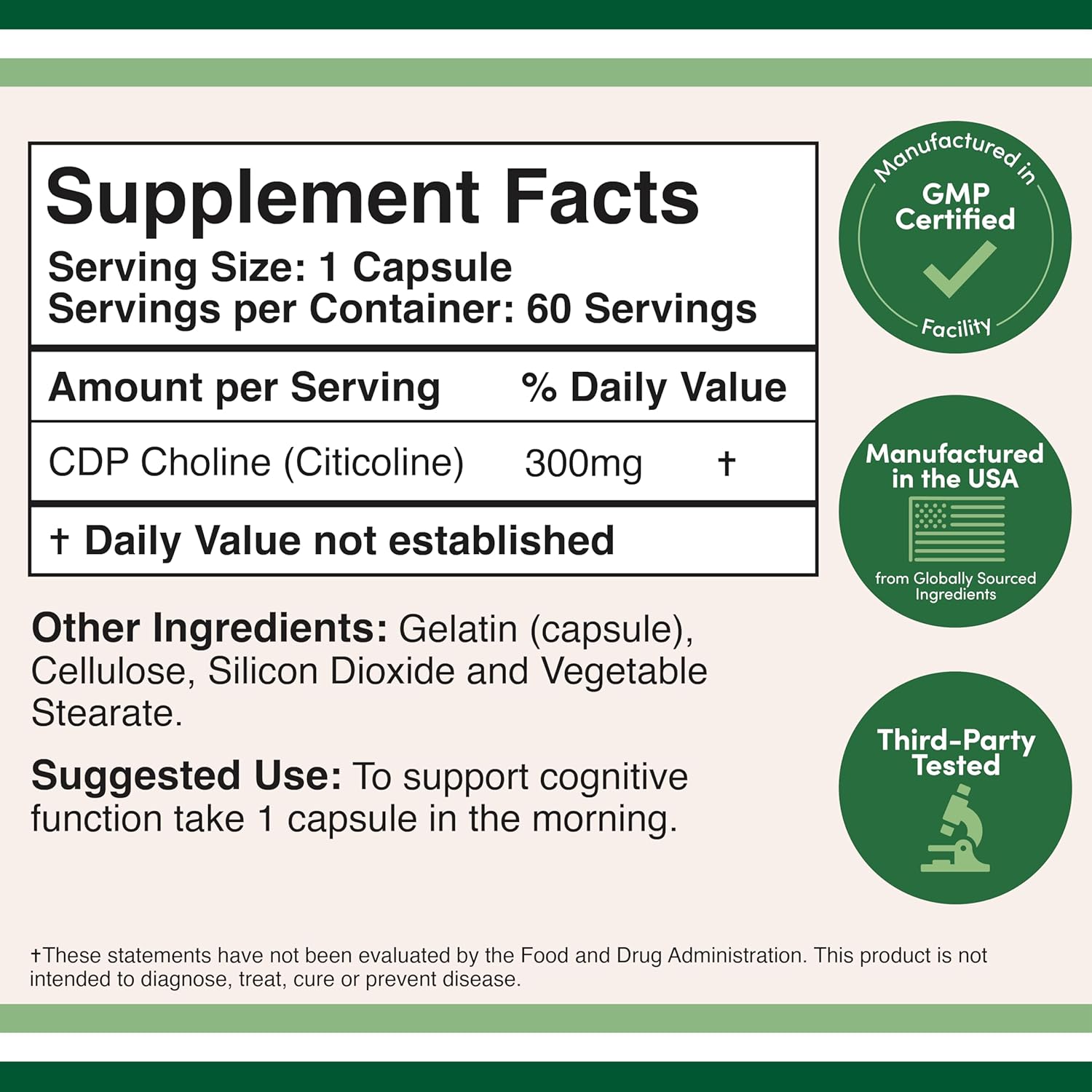60 Capsules 300mg CDP Choline Supplement N566