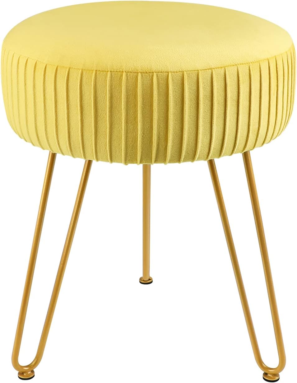Yellow Velvet Round Vanity Chair with Golden Metal Legs K395