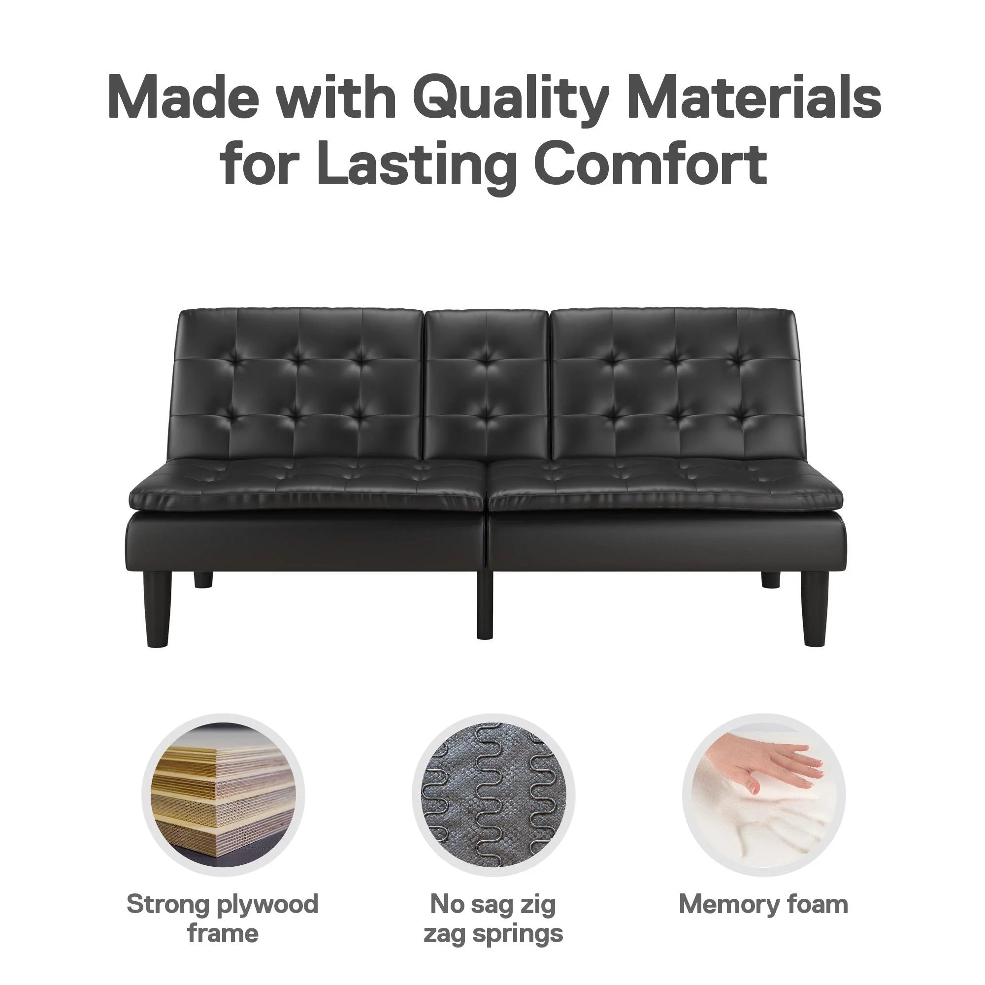 Black Faux Leather Memory Foam Futon with Cupholder and USB S276311