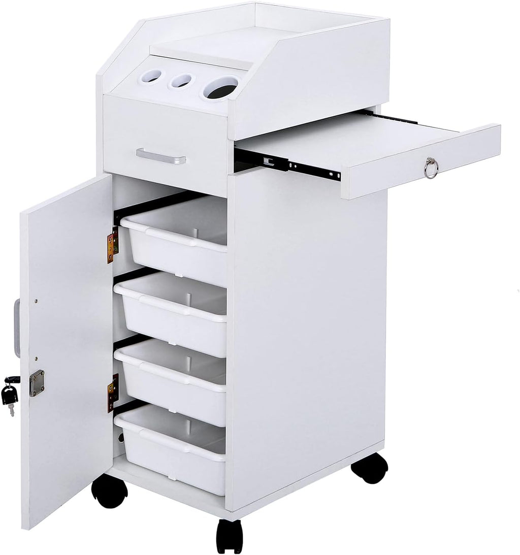 Rolling Hair Salon Storage Cart with Wheels & 3 Hair Dryer Holders & Drawers & Lock J99478
