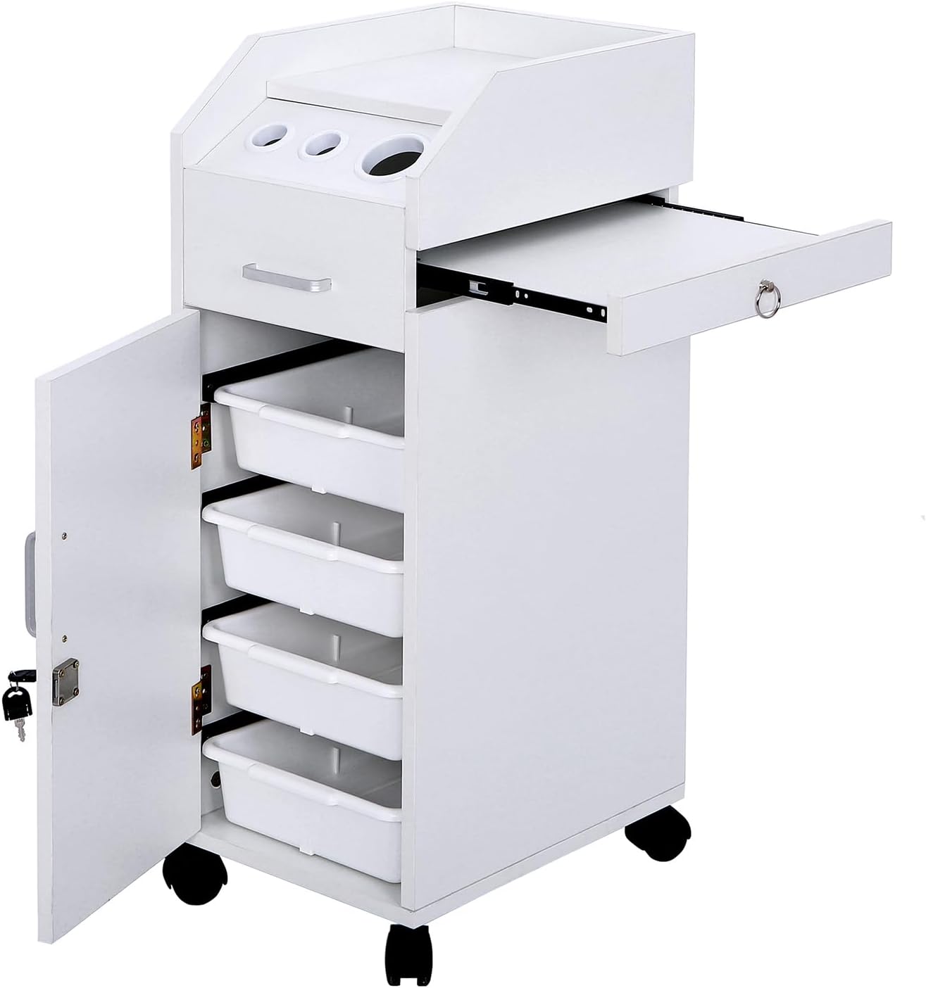 Rolling Hair Salon Storage Cart with Wheels & 3 Hair Dryer Holders & Drawers & Lock J99478