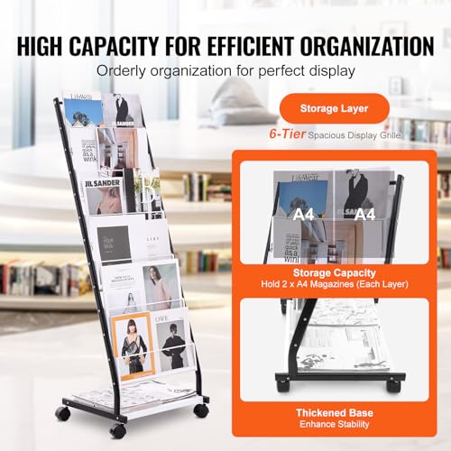 6-Tier Floor Standing Magazine Display Rack with 4 Wheels, 6 Pockets X6463