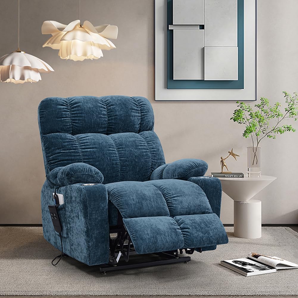 Blue Dual Motor Power Lift Recliner Chair with Remote Control Massage and Heat Cup Holder Y710