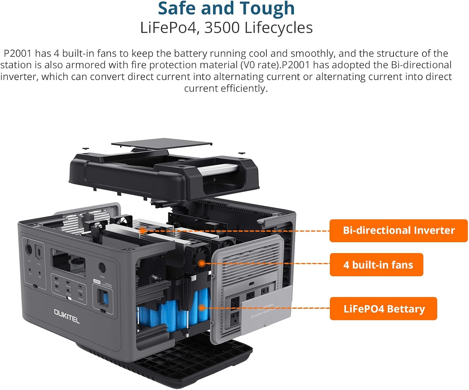 2000Wh LiFePO4 Portable Power Station with 6 AC Outlets O61276