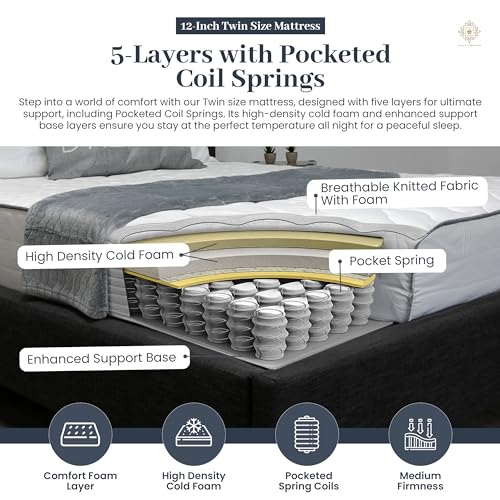 12 Inch Hybrid Twin Mattress with Pocketed Coil Spring and Cold Foam T6011