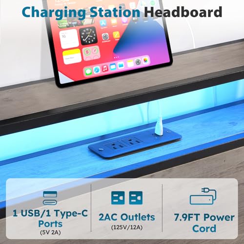 Black Full Size Bed Frame with Headboard, LED, 4 Storage Drawers, Charging Station P15461